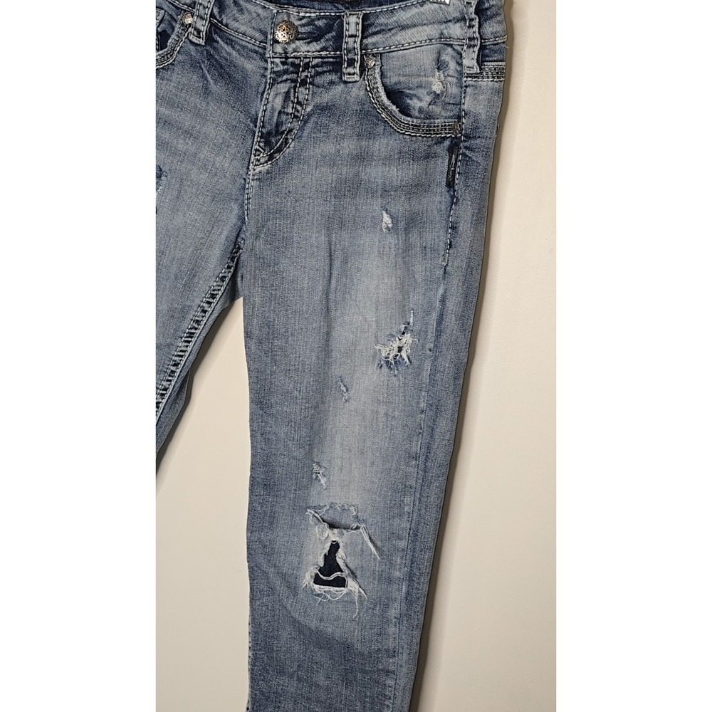 Silver Women's Jeans Aiko Mid Capri Sz W29 Distressed Thick Stitch Stretch - Picture 2 of 14